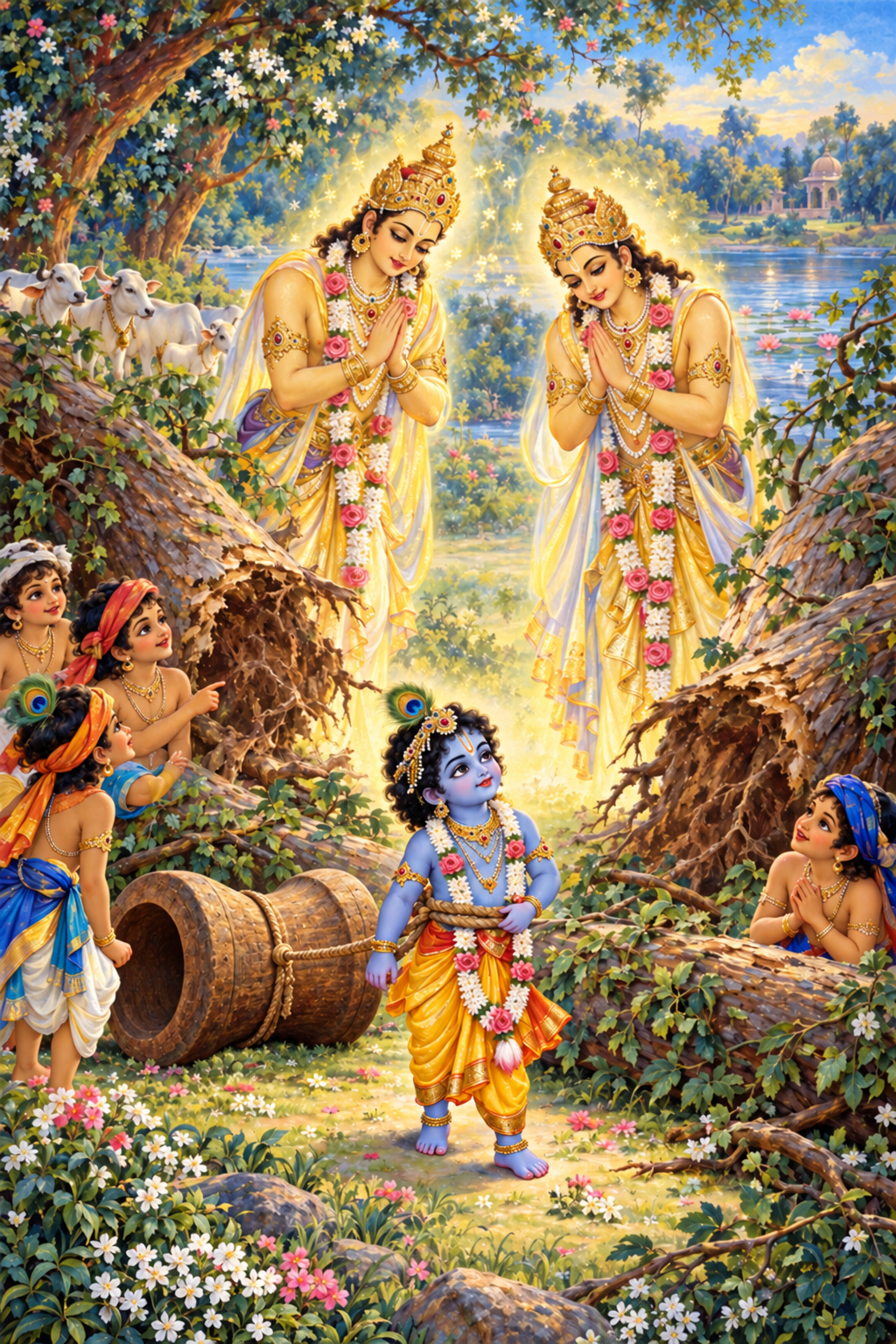 You are currently viewing Story 17: Kṛṣṇa Bound by Mother Yaśodā, and the Liberation of Nalakūvara and Maṇigrīva